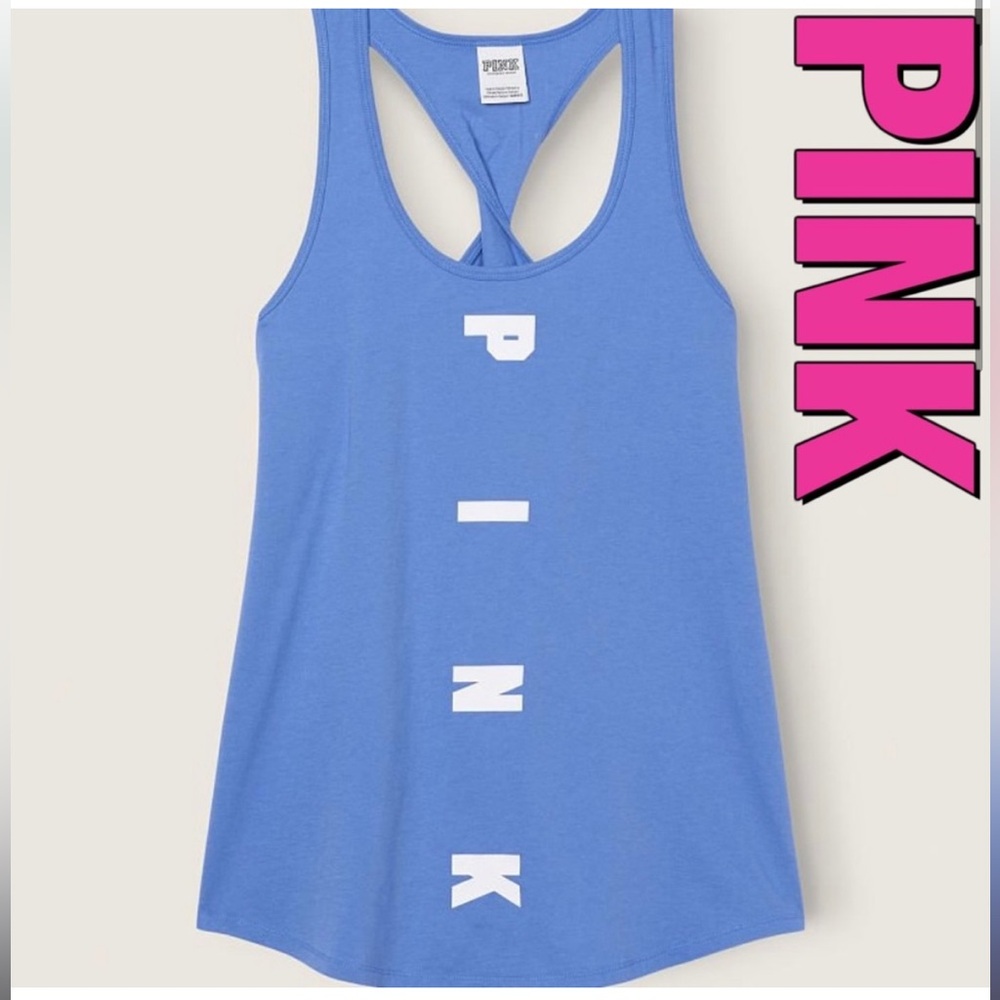 NWT Victoria’s Secret PINK Twist Back Racerback Blue Dawn Logo Lounge Tank Top